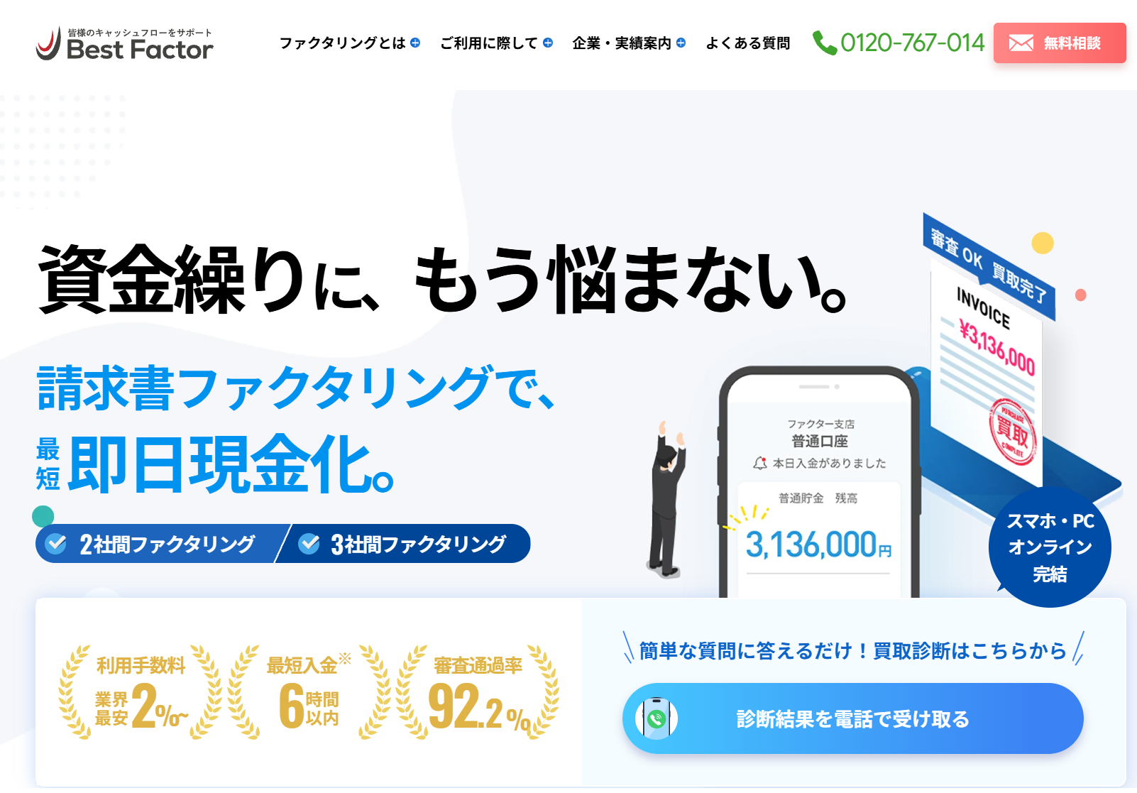 ベストファクター公式サイトを全面リニューアルいたしました。最短即日の資金化に対応する「即日ファクタリング専門窓口」の新設や、24時間いつでもWEBから必要書類をアップロードできる機能を導入。よりスピーディーで利便性の高い資金調達をサポートします。